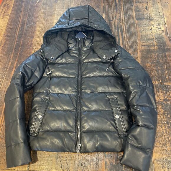 $898 Polo Ralph Lauren Lamb Leather Padded Puffer Down Hooded Jacket Black XS - Picture 1 of 6